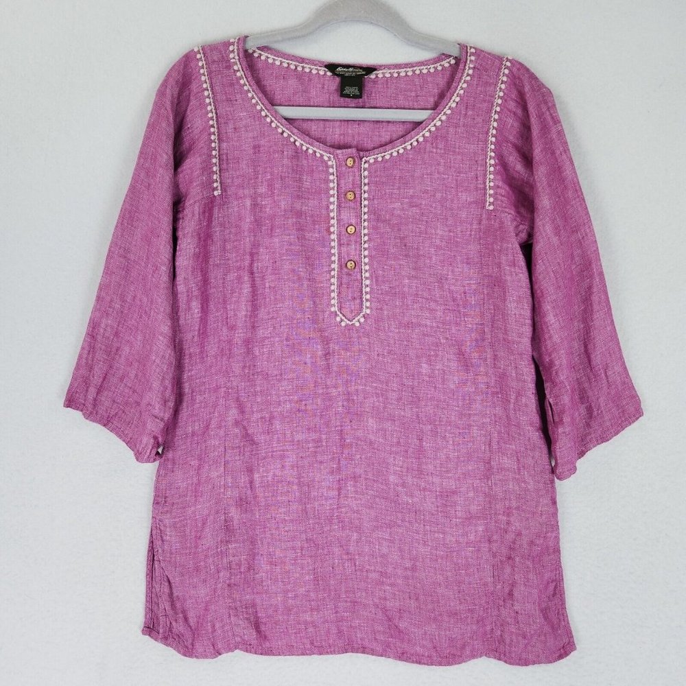 Eddie Bauer Shirt Womens Small Pink 3/4 Sleeve Linen Embroidered Tunic Beachy